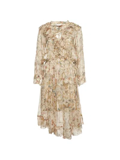 Pre-owned Zimmermann Floral-print Ruffled Midi Dress In Neutrals