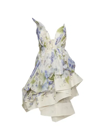 Pre-owned Zimmermann Floral-print Ruffled Mini Dress In White
