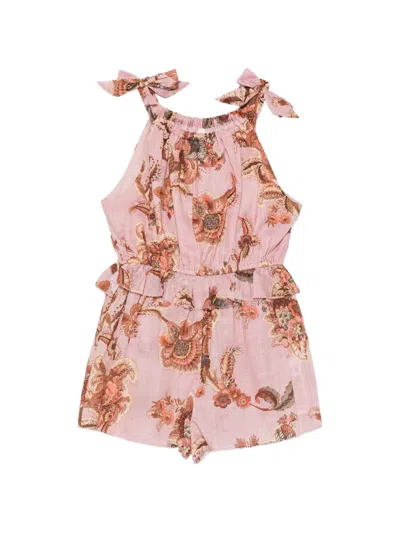 Zimmermann Kids' Floral-print Ruffled Playsuit In Pink