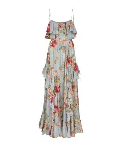 Zimmermann Floral-print Ruffled Silk Maxi Dress In Gray