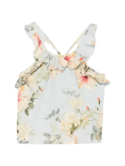 Zimmermann Kids' Floral-print Ruffled Top In Blue