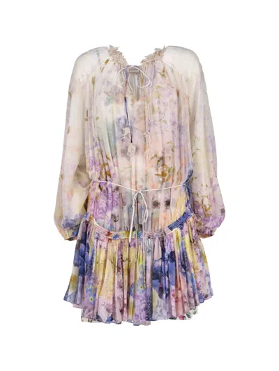 Pre-owned Zimmermann Floral-print Ruffled-collar Mini Dress In Neutral