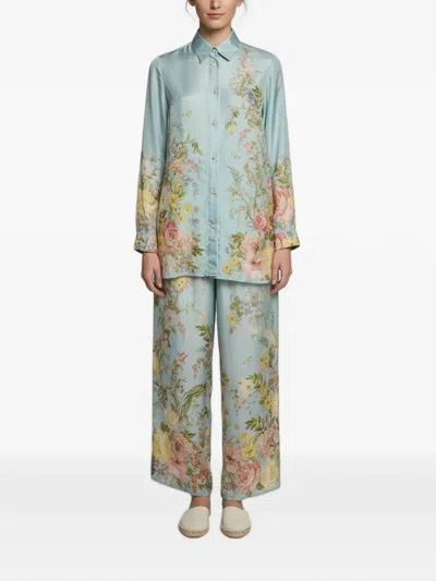 Pre-owned Zimmermann Floral-print Silk Shirt And Trousers Set In Blue