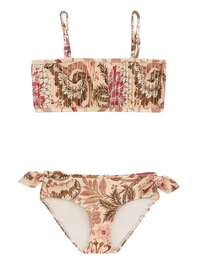 Zimmermann Kids' Floral-print Smocked Bikini In Neutrals