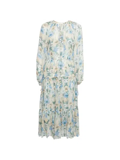 Pre-owned Zimmermann Floral-print Tiered Midi Dress In Blue