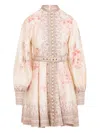 Zimmermann Illuminate Beige Mini Dress With Belted Waist And All-over Floral Print In Linen Woman