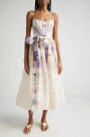 Zimmermann Dawning Belted Floral-print Linen And Silk-blend Midi Dress In Lilac Floral