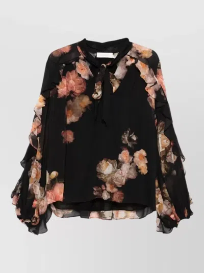 Zimmermann Fluttering Floral Blouse Sheer Long Sleeves In Black