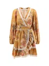 Zimmermann Frill Cotton Short Dress With Floral Print In Gold