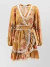 Zimmermann Ascension Lace-trimmed Tiered Printed Cotton-voile Mini Wrap Dress In Brown