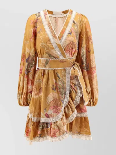ZIMMERMANN FRILL COTTON SHORT DRESS WITH FLORAL PRINT