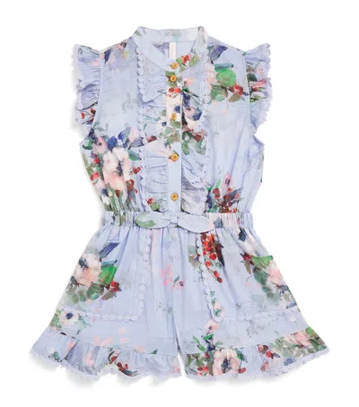 Zimmermann Kids' Girl's Everley Frill Floral-print Playsuit In Light Blue Watercol