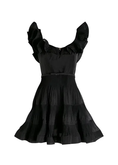Zimmermann Frilled Plissé And Sateen Mini Dress In Black
