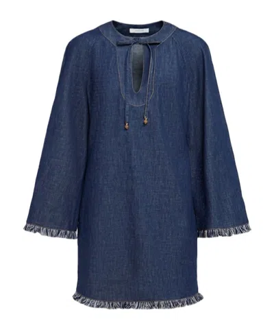 Zimmermann Fringed Denim Mini Dress In Blue
