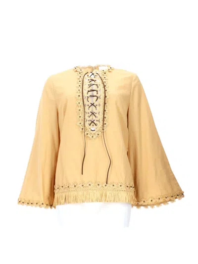 Zimmermann Fringe-trimmed Blouse With Lace-up Detail And Flared Sleeves In Brown