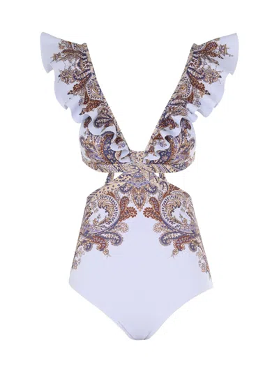 Zimmermann Ottie Paisley Ruffle One-piece Swimsuit In Purple Paisley