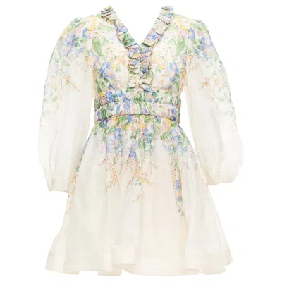 Pre-owned Zimmermann Garden Floral Pink Silk Linen Blue Floral Billow Sleeve Dress Au1 M