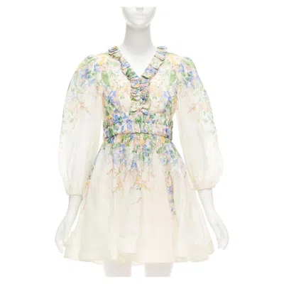 Pre-owned Zimmermann Garden Floral Pink Silk Linen Blue Floral Billow Sleeve Dress Au1 M