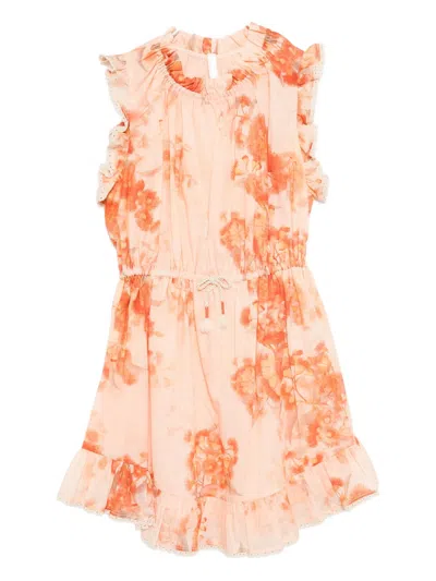 Zimmermann Gathered Frills Mini Dress With Drawstring Waist In Orange
