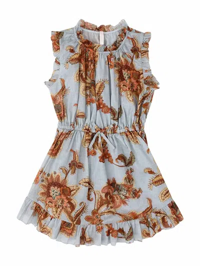 Zimmermann Gathered Ruffle Mini Dress With Fixed Bow Waist In Azzurro