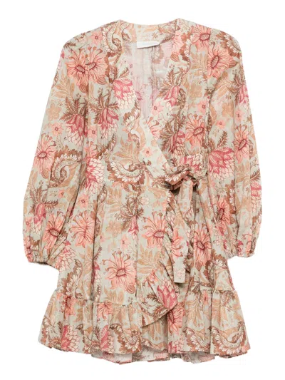 Zimmermann Gathered Sleeve Mini Dress With Self-tie Belt In Multicolor