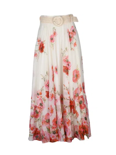 Zimmermann Gauzed Midi Skirt With Raffia Belt And Floral Print In White