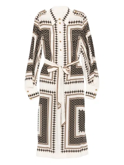 Zimmermann Geometric-print Belted Dress In Neutral