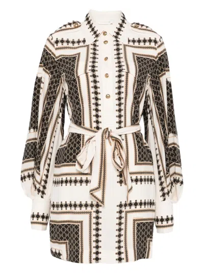 Zimmermann Geometric-print Belted Mini Dress In White