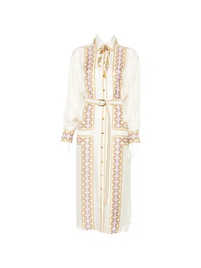 Zimmermann Geometric-print Belted Shirt Dress In Neutral