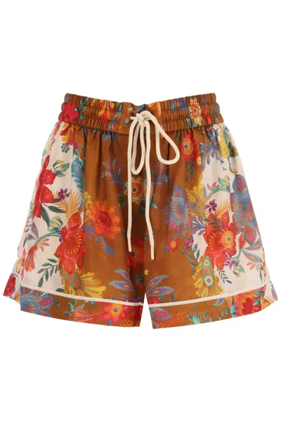 Zimmermann Ginger Shorts With Floral Motif In Marrone