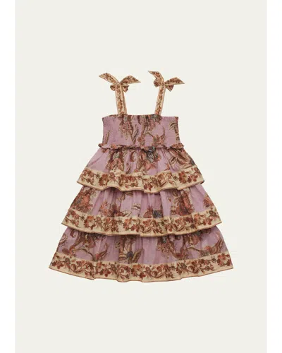 Zimmermann Kids' Girl's Aster Tiered Cotton-blend Dress In Muave Jaco