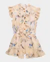 Zimmermann Girl's Cascadian Floral-print Frill Romper In Neutral
