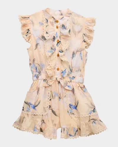 Zimmermann Kids' Girl's Cascadian Floral-print Frill Romper In Neutral