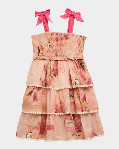 Zimmermann Kids' Girl's Cascadian Lattice Trim Tiered Dress In Multi