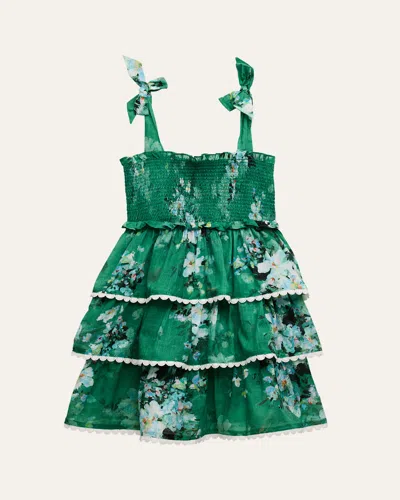 Zimmermann Kids' Girl's Everley Floral-print Smocked Dress In Green Watercolour F