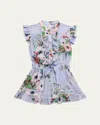 Zimmermann Girl's Everley Frill Floral-print Playsuit In Light Blue Watercol