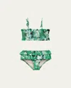 Shop Zimmermann Girl's Everley Shirred Floral-print Frill Bikini In Green Watercolour F