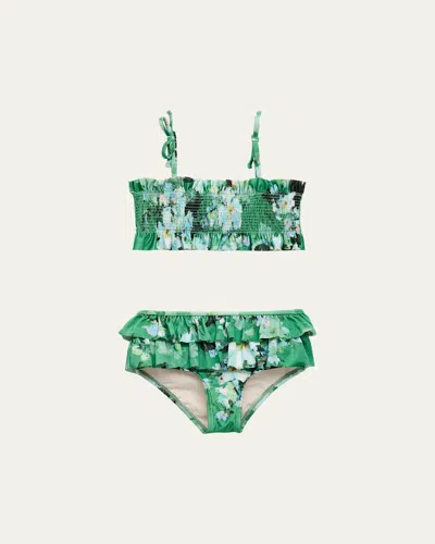 Zimmermann Kids' Girl's Everley Shirred Floral-print Frill Bikini In Green Watercolour F