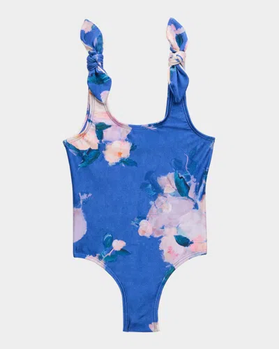 Zimmermann Kids' Girl's Floral-print One-piece Swimsuit In Blue