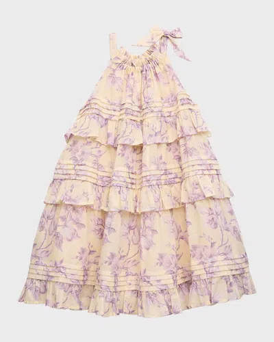 Zimmermann Kids' Girl's Halliday Floral-print Dress In Yellow/lilac Floral