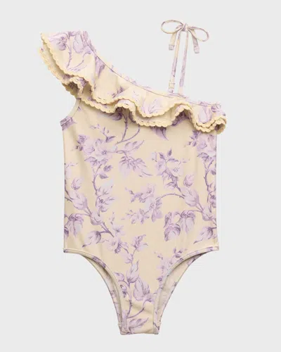 Zimmermann Kids' Girl's Halliday Floral-print Frill One-piece Swimsuit In Yellow/lilac Flor