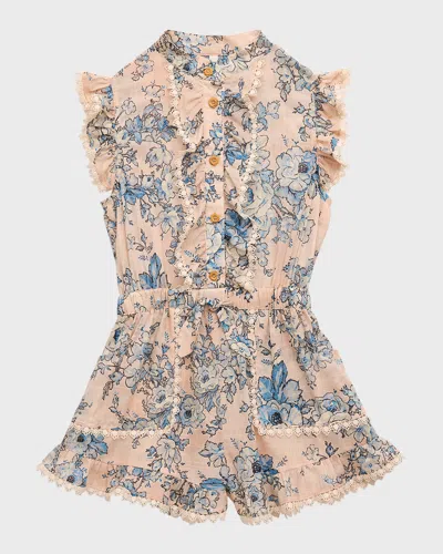 Zimmermann Kids' Girl's Halliday Floral-print Romper In Peach/blue Floral