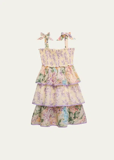 Zimmermann Kids' Girl's Halliday Tiered Floral Dress In Spliced