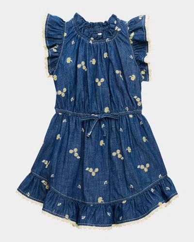 ZIMMERMANN GIRL'S LUCKY DENIM DAISY EMBROIDERED DRESS