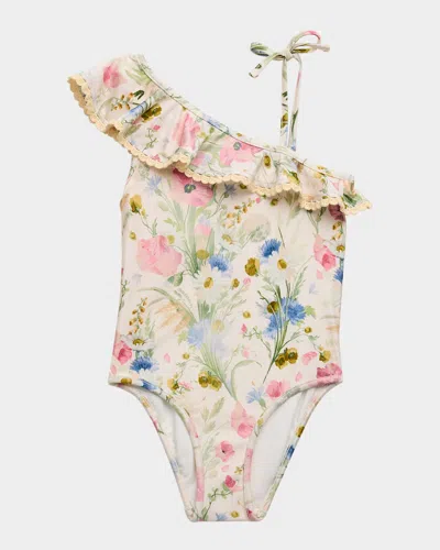 Zimmermann Kids' Girl's Lucky Floral-print Frill Swimsuit In Neutral