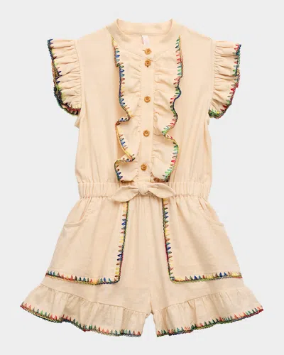 Zimmermann Kids' Girl's Lucky Frill Rainbow Stitch Romper In Neutral