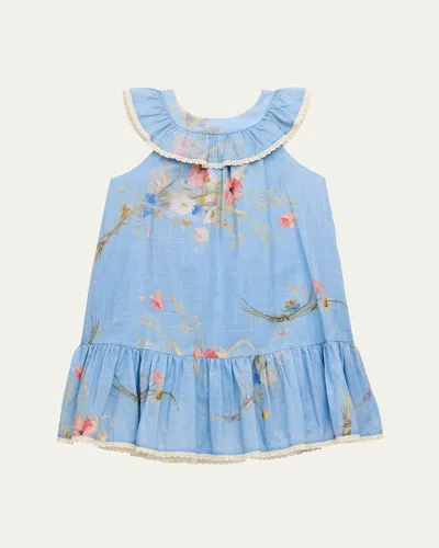 Zimmermann Girl's Lucky Kids Lattice-trim Dress In Blue Bouquet Floral