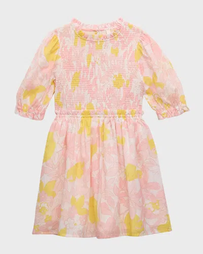 Zimmermann Kids' Girl's Pop Floral-print Smocked Dress In Pink/yellow Floral