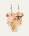 Zimmermann Girl's Rhiannon Frill Lattice Trim Swimsuit In Pink Palm Floral
