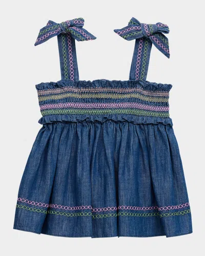 Zimmermann Kids' Girl's Tallow Shirred Denim Top In Blue Lagoon Blg